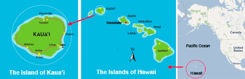 MAP OF KAUA'I, THE HAWAIIAN ISLANDS, AND CONTINENTAL US-PACIFIC OCEAN