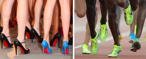 Red sole Louboutin shoes & neon yellow-green Nike Volt shoes