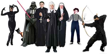 black garbed figures - catwoman, priest, nun, ninja, mime